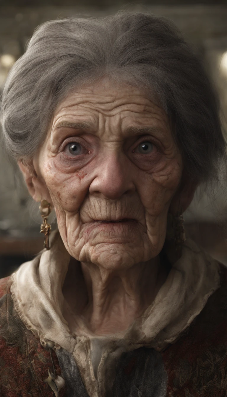 filme de terror, Cursed Old Woman, na casa dos 90 anos, fundo de uma cozinha escura, olhos todos pretos, Roupas escuras, Rasgado, candle in hand, virado para a frente, detalhado no rosto, Realistic image, cabelos grisalhos e longos