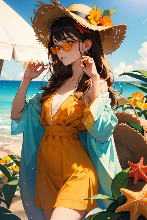 absurderes, high resolucion, A highly detailed, 1girll, Solo, Highly detailed eyes, starfish, seashells, seashells, blossom, The hat, Hair ornaments, gemstones, straw sunhat, Viewing the viewer, sunglasses, Cap Flower, Drinking Straws, hair pin, earings, r...