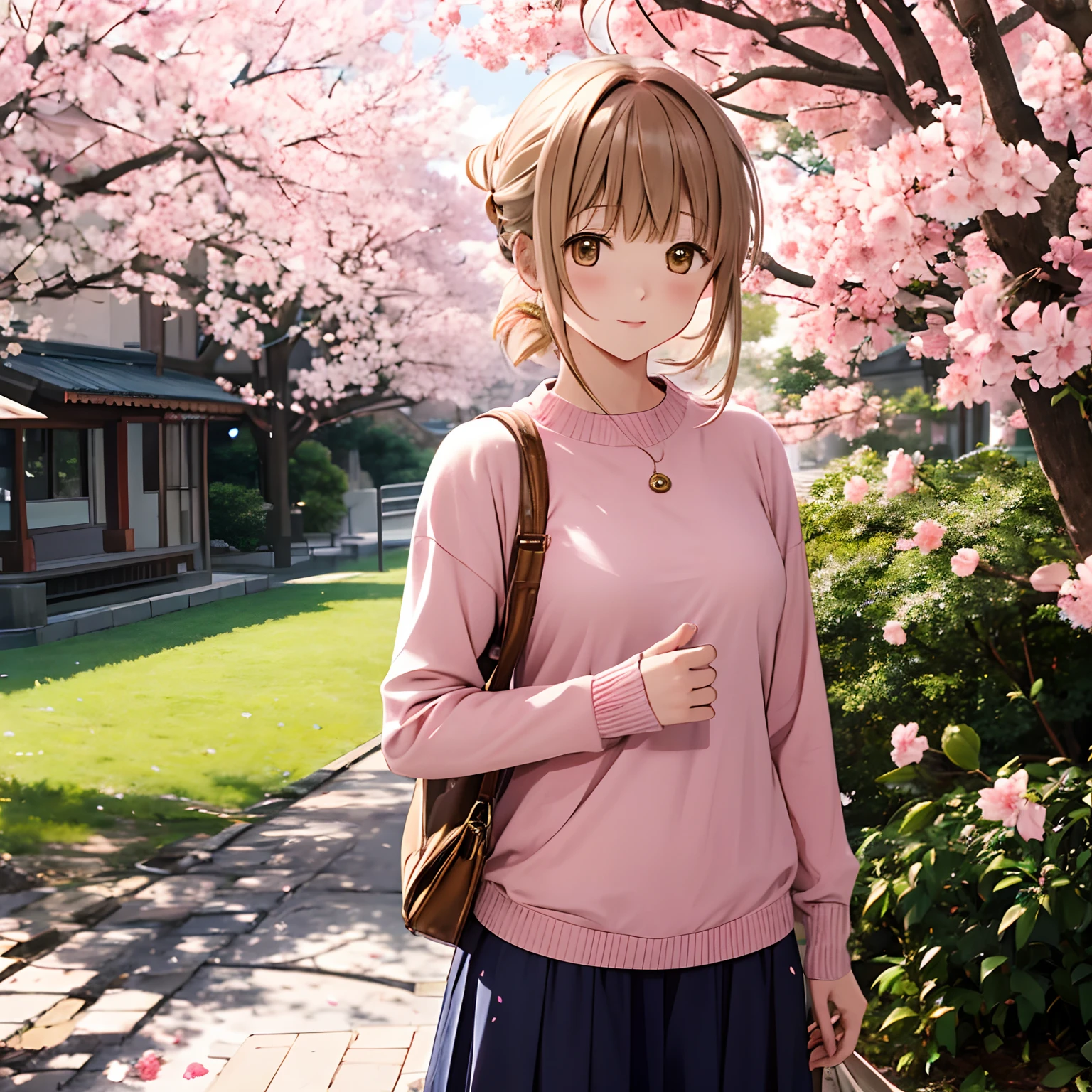 shiina mahiru, ropa casual, fondo de los árboles de sakura