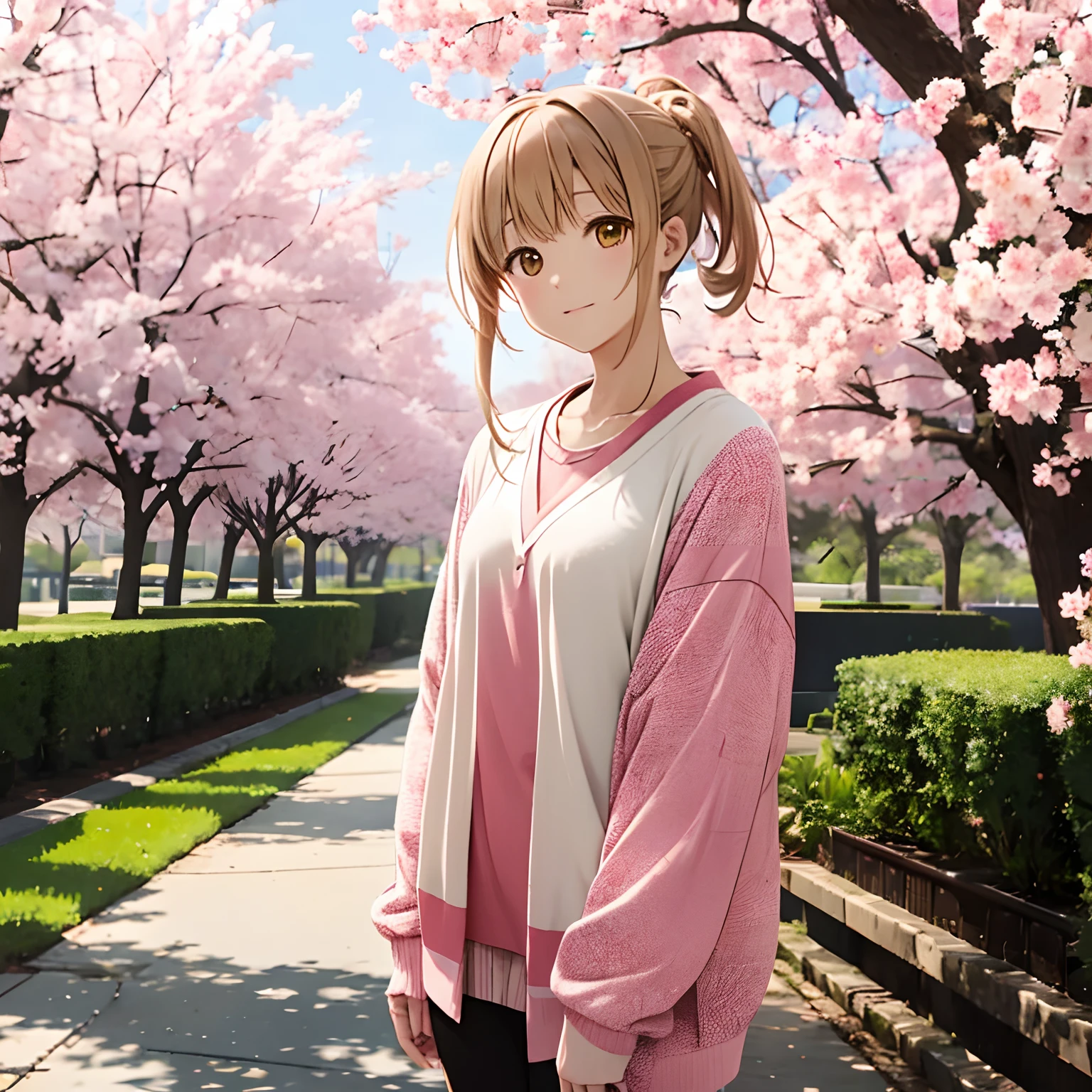 shiina mahiru, ropa casual, fondo de los árboles de sakura