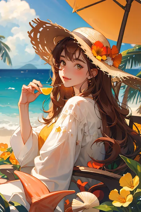 absurderes, high resolucion, A highly detailed, 1girll, Solo, Highly detailed eyes, starfish, seashells, seashells, blossom, The hat, Hair ornaments, gemstones, straw sunhat, Viewing the viewer, Sunglasses, Cap Flower, drinking straw, hair pin, earings, re...
