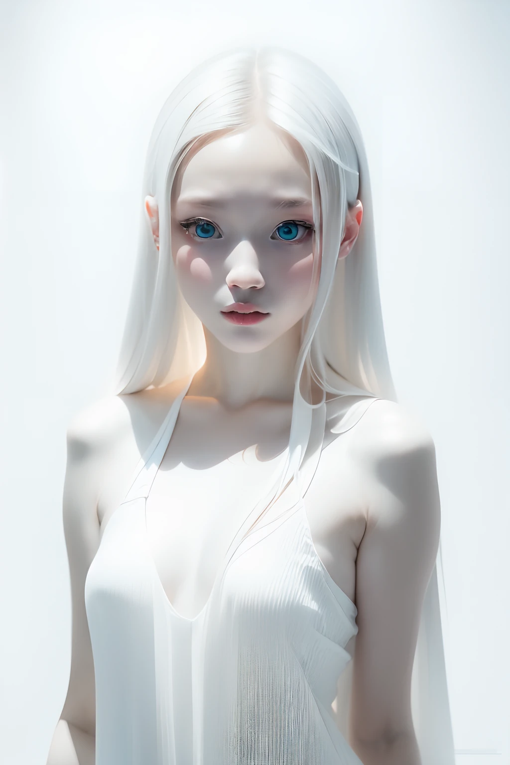 (((White background:1.3)))、Best Quality, masuter piece, High resolution, albino girl、(((1girl in))), sixteen years old,(((eyes are white:1.3)))、robe blanche、((White shirt:1.3、White Block Dress)), Tindall Effect, Realistic, Shadow Studio,Ultramarine Lighting, dual-tone lighting, (High Detail Skins: 1.2)、Pale colored lighting、Dark lighting、 Digital SLR, Photo, High resolution, 4K, 8K, Background blur,Fade out beautifully、a white world、White background