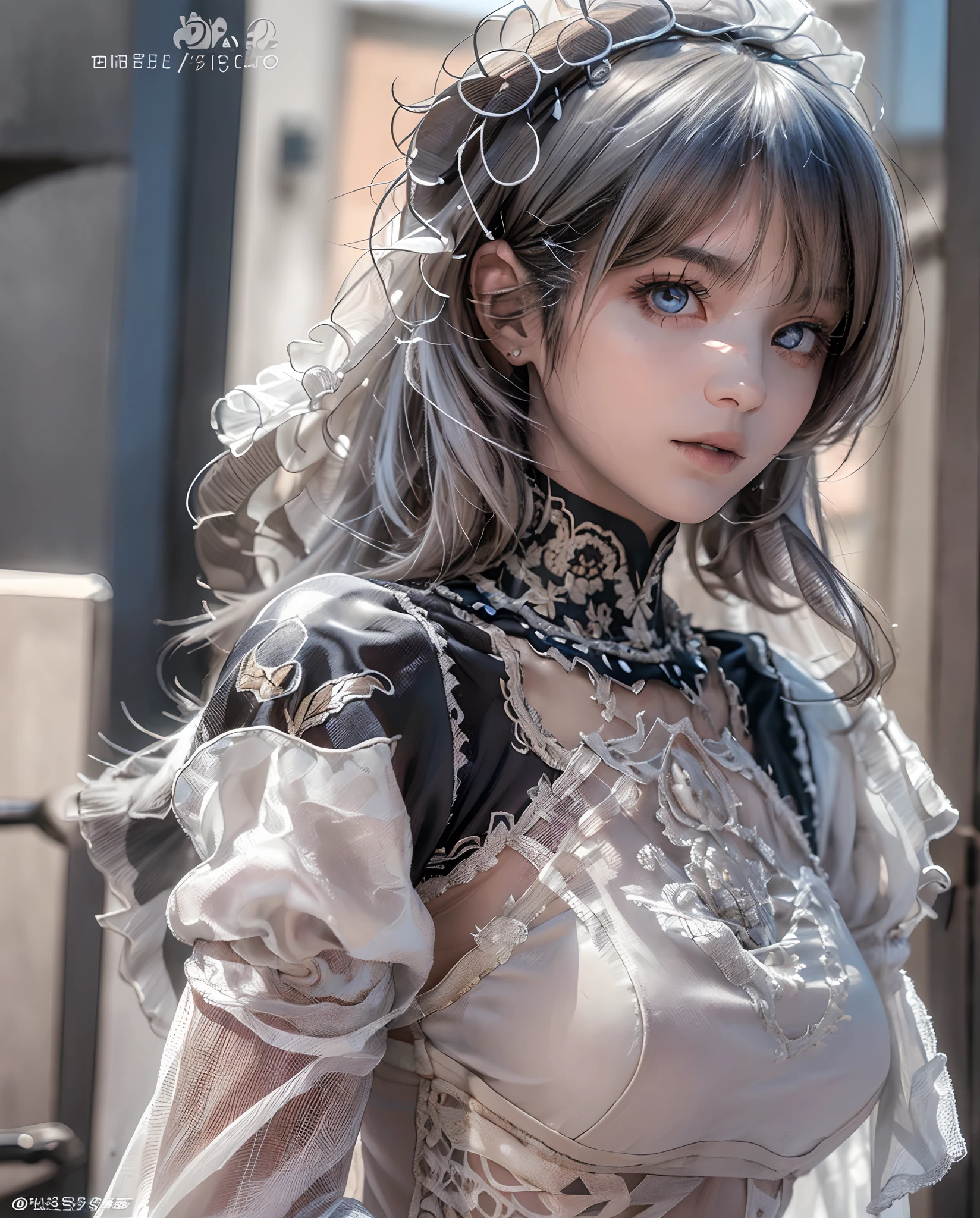 ((masterpiece, best quality)), (1girl), (solo), (female focus),  2B\(NaiR\),(very detailed face, real image, realistic skin, realistic body, intricate details), upper body, focus on face, dark eyes, , black hair, hair tied, far sleeve shirt, pinaforee dress,