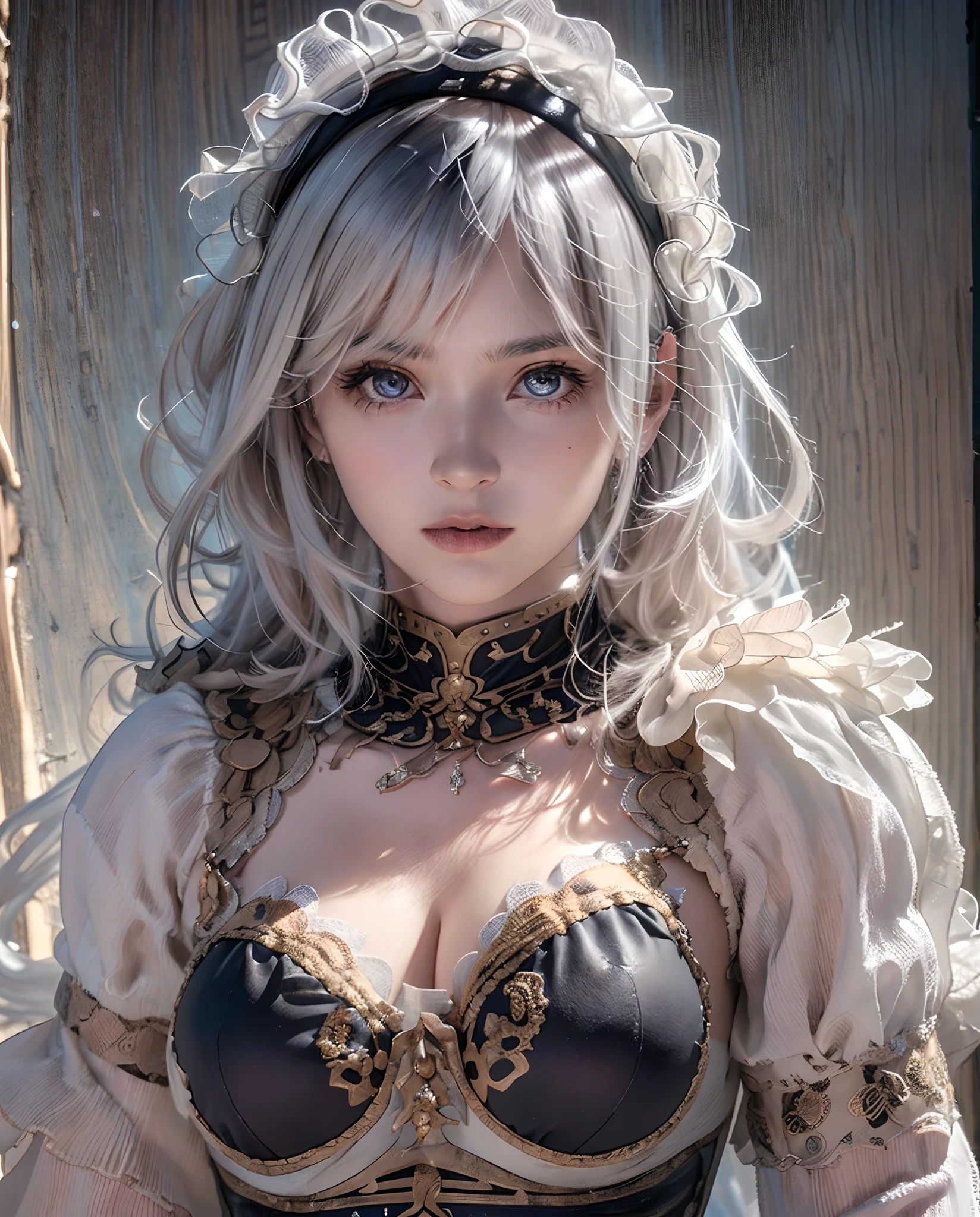 ((masterpiece, best quality)), (1girl), (solo), (female focus),  2B\(NaiR\),(very detailed face, real image, realistic skin, realistic body, intricate details), upper body, focus on face, dark eyes, , black hair, hair tied, far sleeve shirt, pinaforee dress,