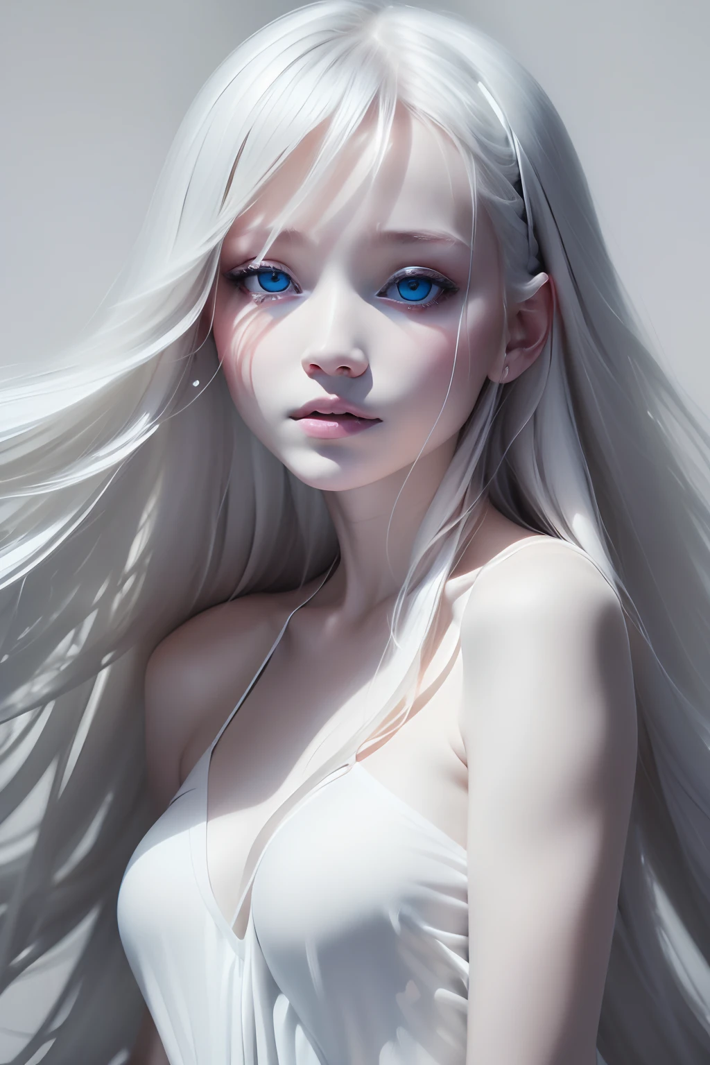 (((White background:1.3)))、Best Quality, masuter piece, High resolution, albino girl、(((1girl in))), sixteen years old,(((eyes are white:1.3)))、robe blanche、((White shirt:1.3、White Block Dress)), Tindall Effect, Realistic, Shadow Studio,Ultramarine Lighting, dual-tone lighting, (High Detail Skins: 1.2)、Pale colored lighting、Dark lighting、 Digital SLR, Photo, High resolution, 4K, 8K, Background blur,Fade out beautifully、a white world、White background