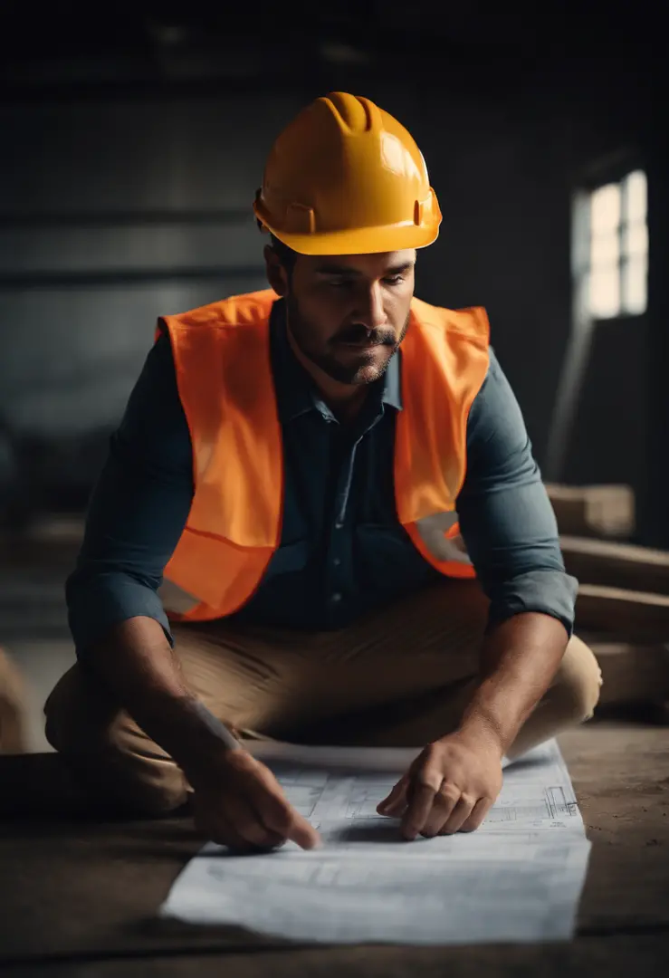 “An image of a construction worker wearing a hard hat and holding a blueprint.”