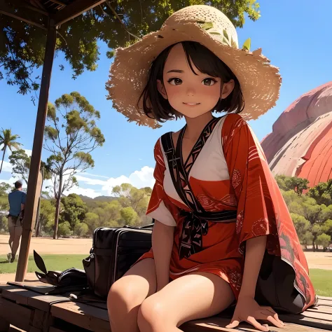 tourism in australia、ayers rock、pretty girl、aboriginal costume、​masterpiece、细致背景