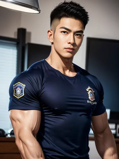 (masterpiece: 1.2),(CGI Art:1.3),(Realistic:1.5),(Post Processing:1.3),(crisp focus:1.3),10,1 man , (Wearing a navy police T-shirt.) , Short Hair Hair, Young Korean , Korean Men, (High shadow detail),Pectoral muscles, Big arm muscles, blood vessel, Big mus...