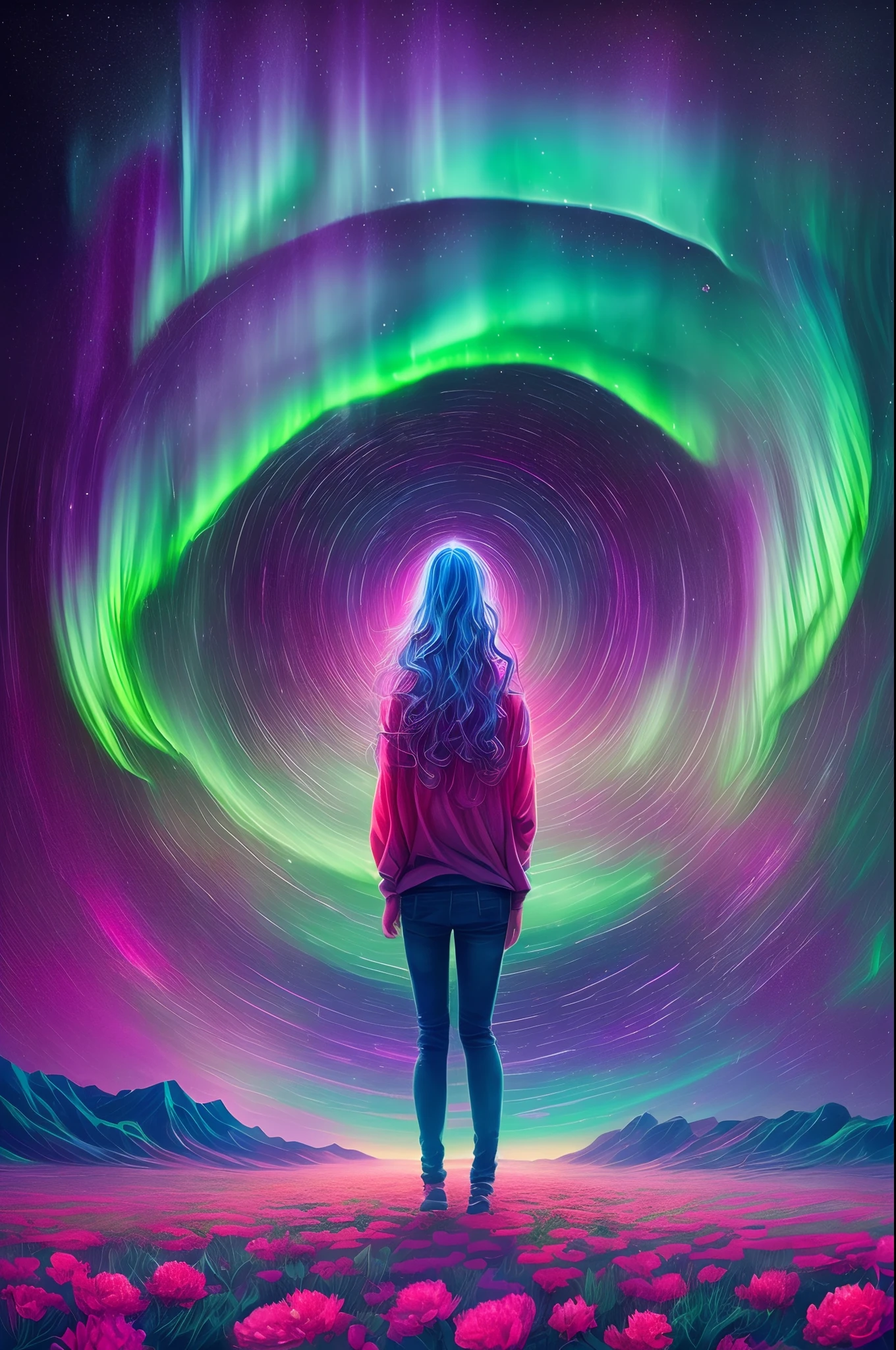 （Girl standing in front of a swirl of colorful Northern Lights: 1.5），((Neon Star， Around the flowers，truth， expecting， Depth-of-fie， insight， Understood， mont， The Milky Way is lush, Translucent clouds， spectrum， in a panoramic view， Interstellar cycles， cycle， portal， Mare， extreme light， The Global Northern Lights，The sky is covered in the beautiful Northern Lights))，Bright colors，Thick lines，wave，Multi-layered，foreground、Faraway view、fractal thunder dan mumford，Dammford and Alex grey style，Psychedelic surrealist art，Surrealist psychedelic design，dream art style，Illusion psychedelic art，Infinite psychedelic waves，Inspired by Cyril Rolando (Cyril Rolando)，Authentic ripple structure，Psychedelic art style，trippy art，psychedelic illustrations