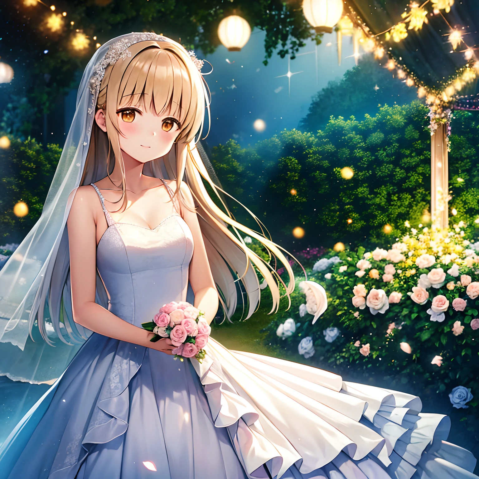 shiina mahiru, Vestido de novia, sosteniendo la flor, retrato bokeh, Jardín de flores, cielo azul, 4k, obra maestra