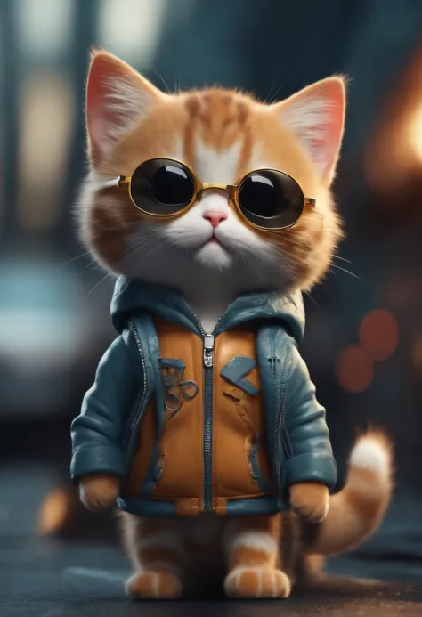 Perfect centering, cute little cat, Wear a jacket, Wearing sunglasses, Wearing headphones, cheerfulness, Standing position, Abstract beauty, Centered, Looking at the camera, Facing the camera, nearing perfection, Dynamic, Highly detailed, smooth, Sharp foc...