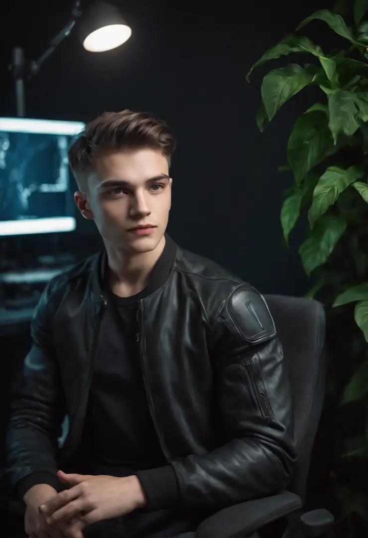 20 year old cyberpunk handsome boy, looking at camera, shit on gaming chair ,with computer setup, plant and lighting decoration,straight possing, perfect lighting, deep shadow, best quality, masterpiece, ultra highres, photorealistic