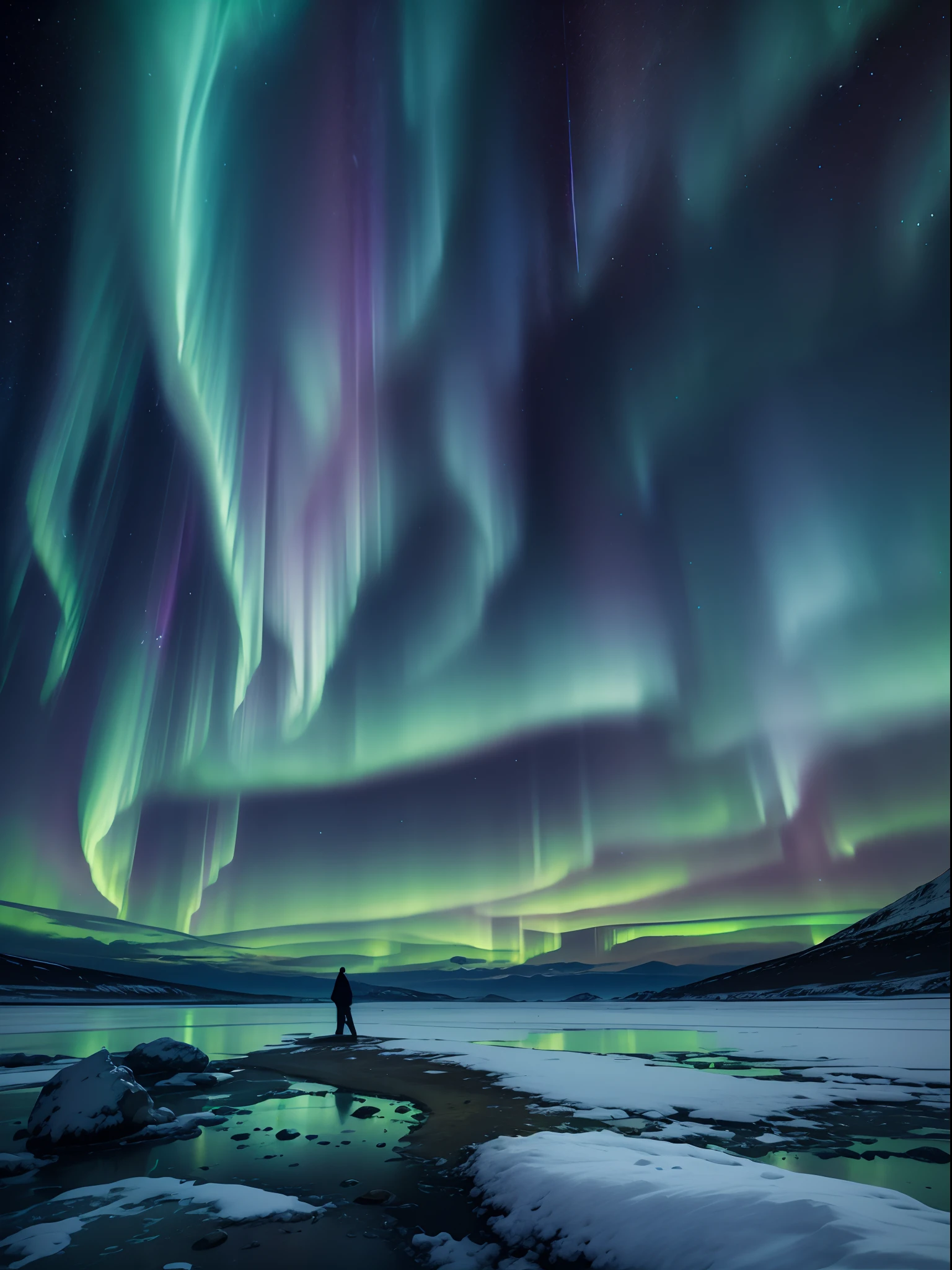 （Dança da espada branca sob a aurora boreal）,
Chuvas de meteoros verdes e roxas da aurora boreal perfuram as montanhas, aurora boreal dramática, fundo da aurora boreal, Aurora boreal no fundo, aurora borealis, fundo da aurora boreal, fundo magnífico, com aurora boreal no céu, A aurora boreal no espaço em estilo paisagístico surreal e onírico, preto claro e esmeralda,  Resolução 8K,  fundo minimalista, Contemplação monocromática com ângulo de visão para cima，muito limpo