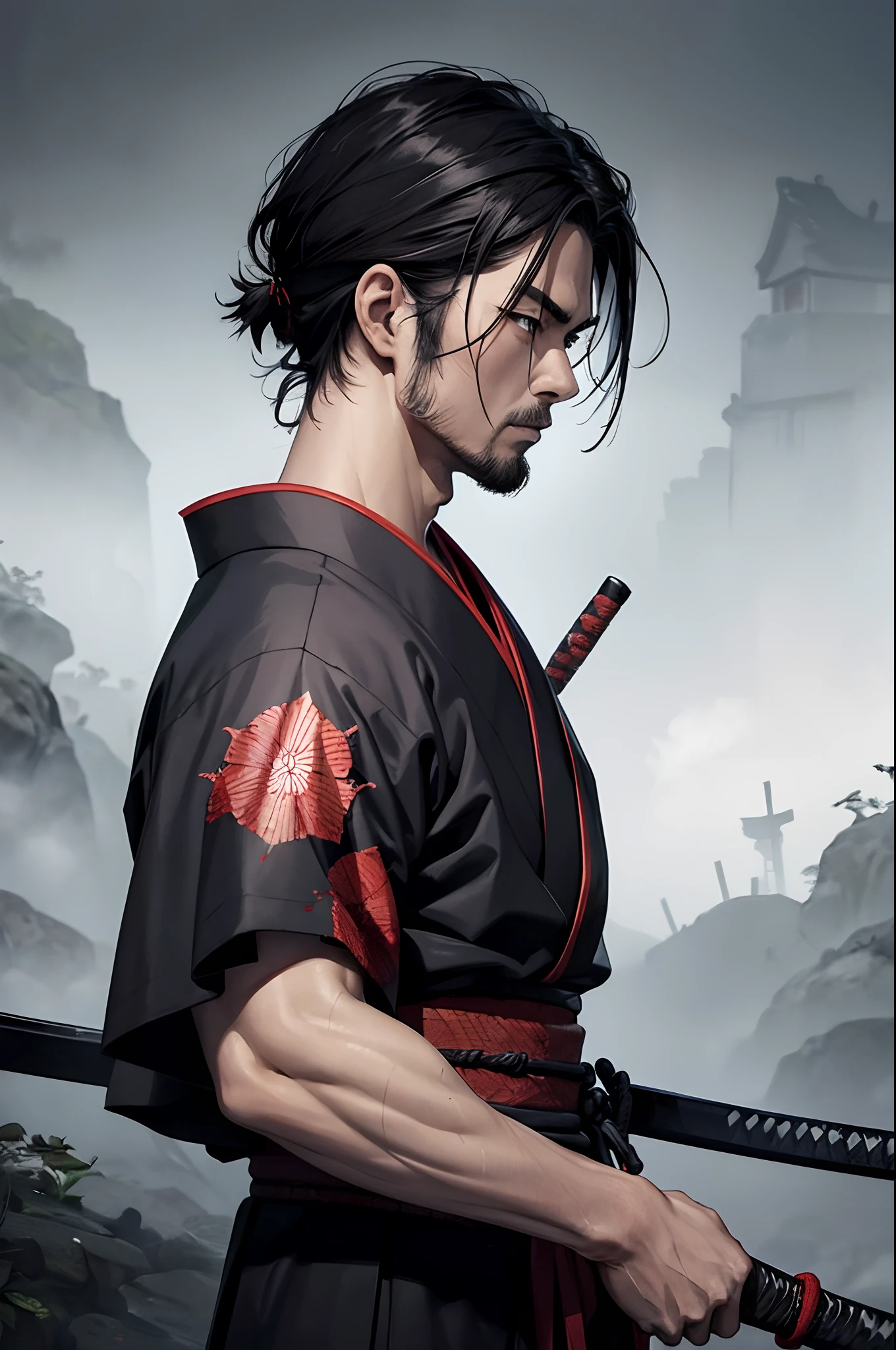 1 homem, samurai kimono, veias endurecidas, espada, Sangue, cena escura, Natureza, de lado, pintura fotorreal