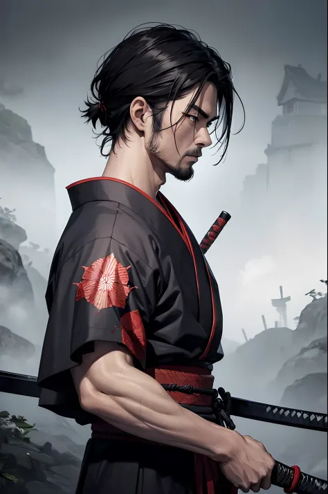 1man, samurai kimono, hardened veins, sword, blood, dark scene, nature, from side, photoreal painting
