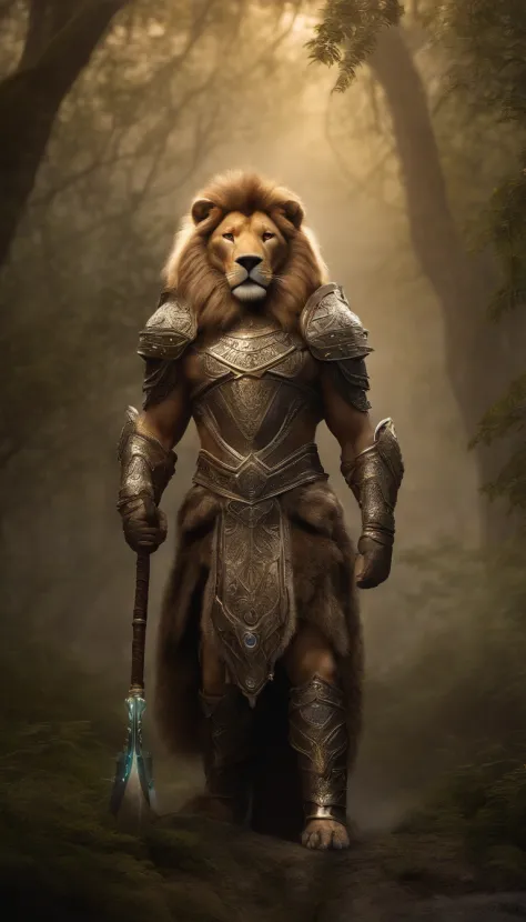 druid lion, antropomorphic, high ornamented armor, fluffy fur, foggy, stormy, 70mm, cinematic, highly detailed, bear real size, standing, with a quiver, magical lights, magical aura, strong lights, high illumination