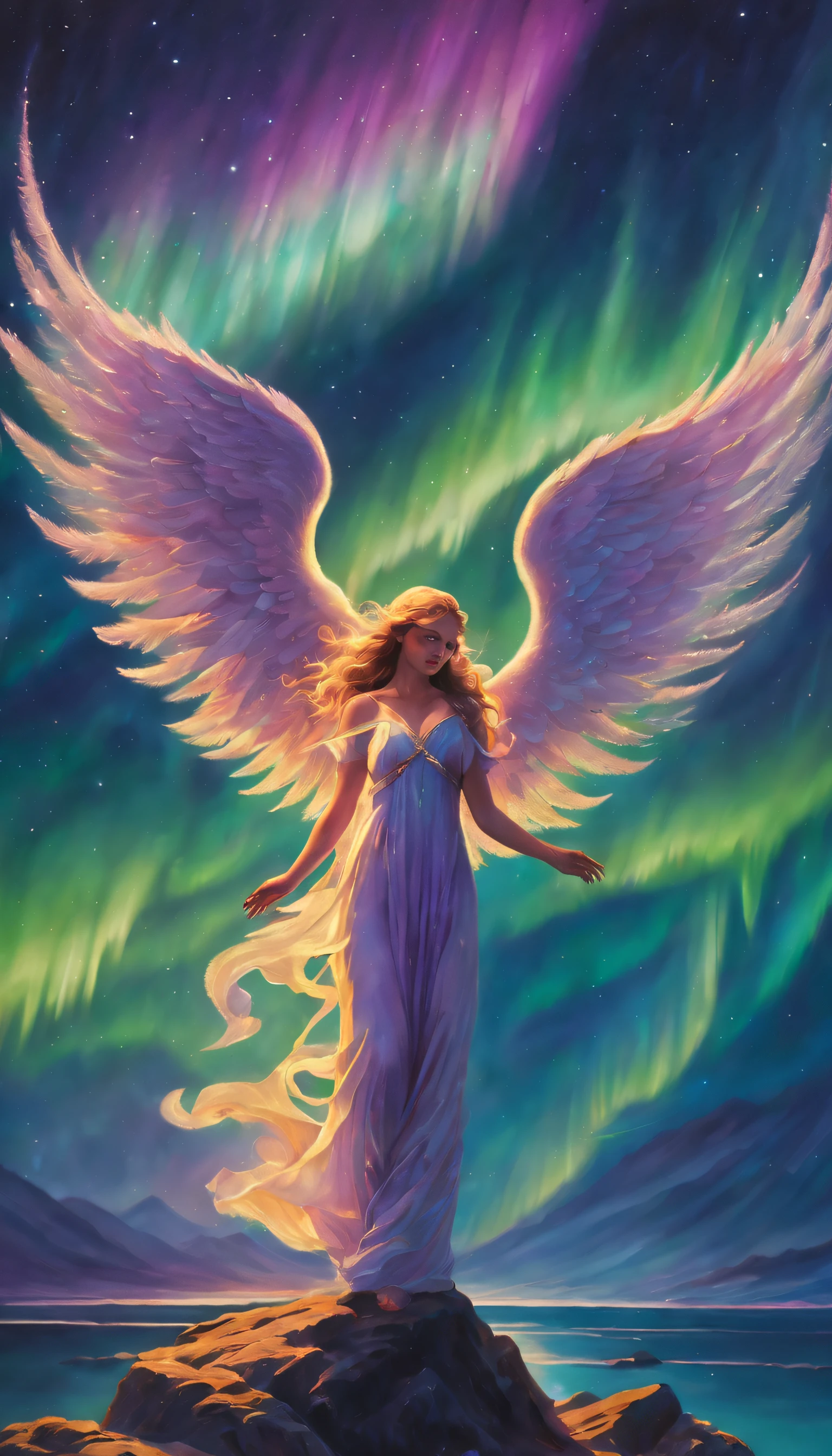 An angel standing on a rock with aurora lights in the background - SeaArt AI