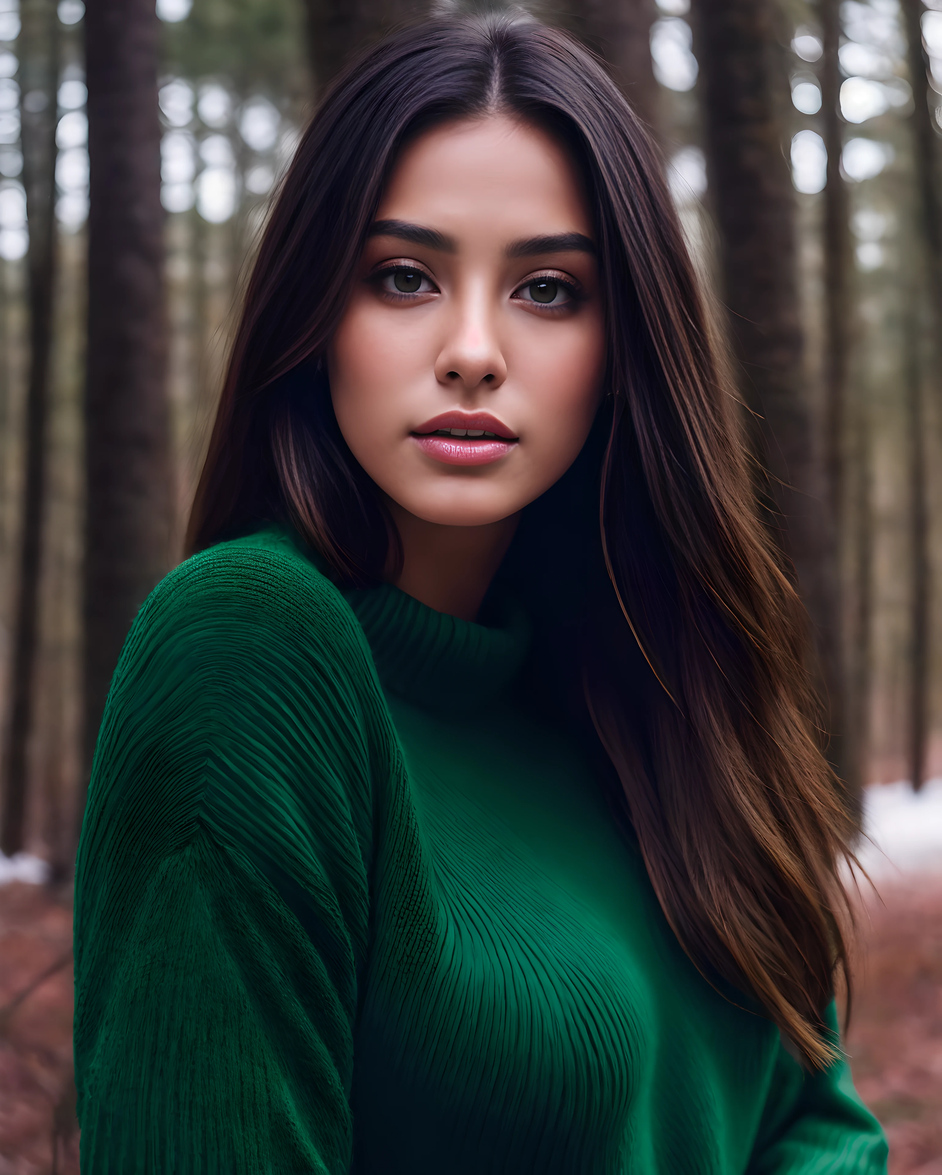 Detailed and realistic photo by mexican, Round green eyes, long lush hair, Shot from the outside, black knitted sweater, beautiful big breasts, skin texture, (Full-body shot:1.3), Chapped Lips, soft natural lighting, 85 mm lens, magical photography, dramatic  lighting, photo realism, Ultra-detailed, Intimate Composition, CineStill 800T, ((((cienatic look)))), Soothing tones, Contour illumination, winter forest background