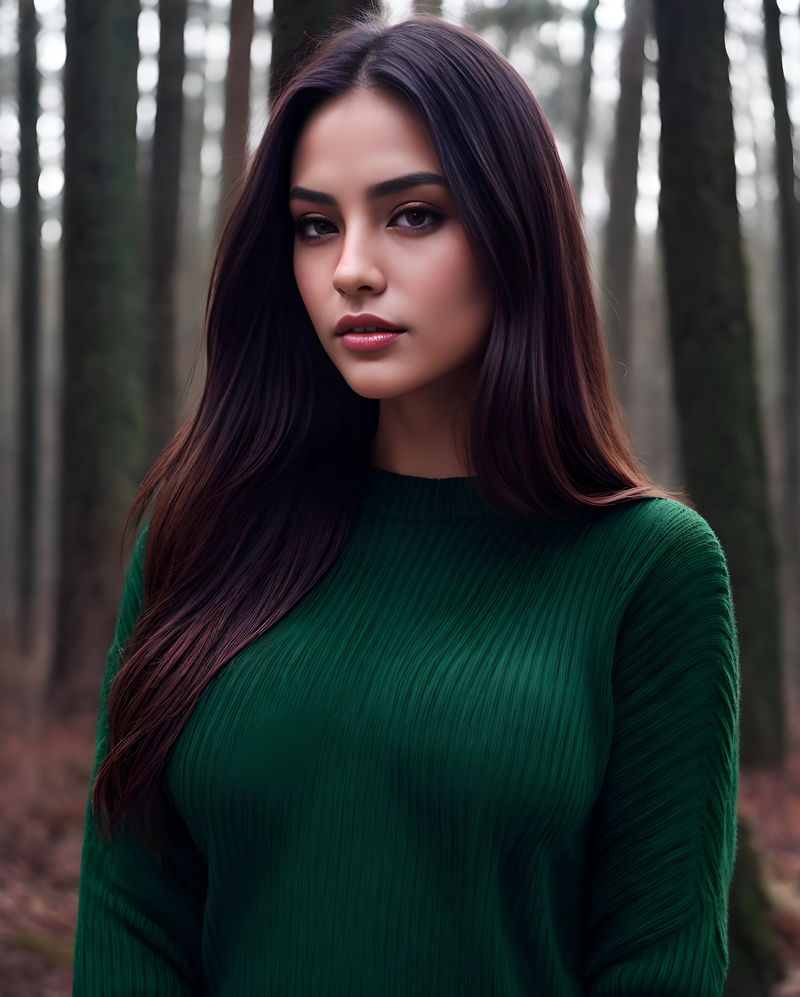 Detailed and realistic photo by mexican, Round green eyes, long lush hair, Shot from the outside, black knitted sweater, beautiful big breasts, skin texture, (Full-body shot:1.3), Chapped Lips, soft natural lighting, 85 mm lens, magical photography, dramatic  lighting, photo realism, Ultra-detailed, Intimate Composition, CineStill 800T, ((((cienatic look)))), Soothing tones, Contour illumination, winter forest background