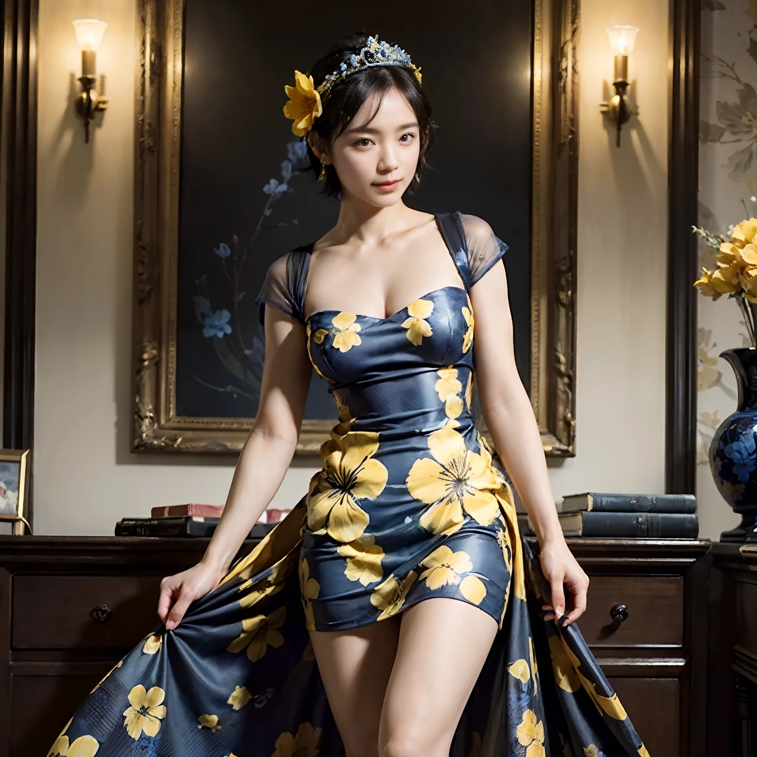 78
(20-year-old princess,is standing), (A hyper-realistic), (masutepiece), ((short-hair:1.46)), (Smooth black hair), (Breast:1.0), (kindly smile:0.9), (Blue and Yellow Floral Dress:1.46), Majestic Palace, Orange Lipstick