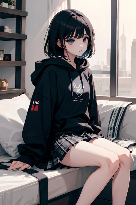 (child)，（​masterpiece，Highest Quality），Black short-sleeved hoodie，plaid skirts，Lolita clothes，A dark-haired，Spy，stas