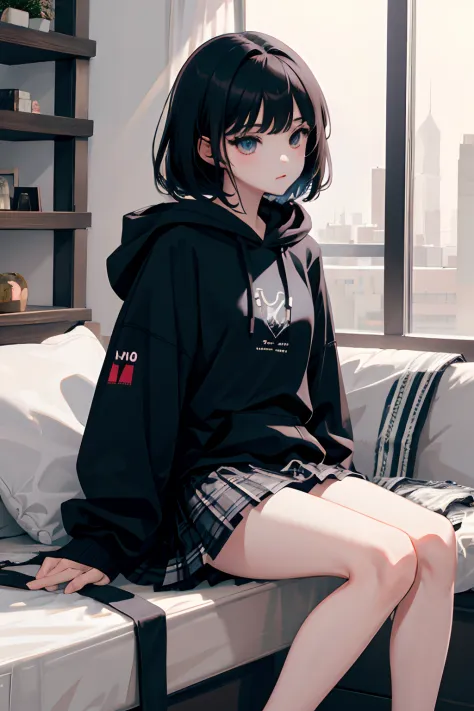 masterpiece，Highest Quality），(skirt rift)，Gray hoodie，plaid 