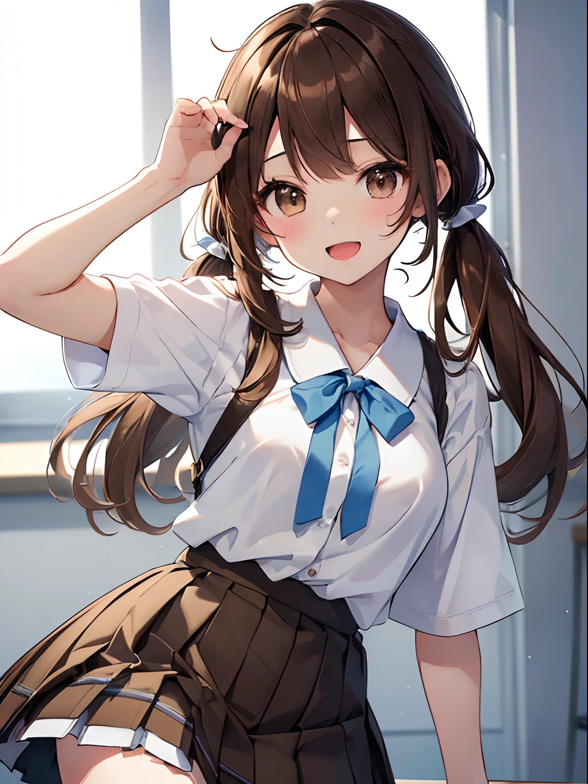 Anime girl in school uniform posing for camera with her hand on her head -  SeaArt AI