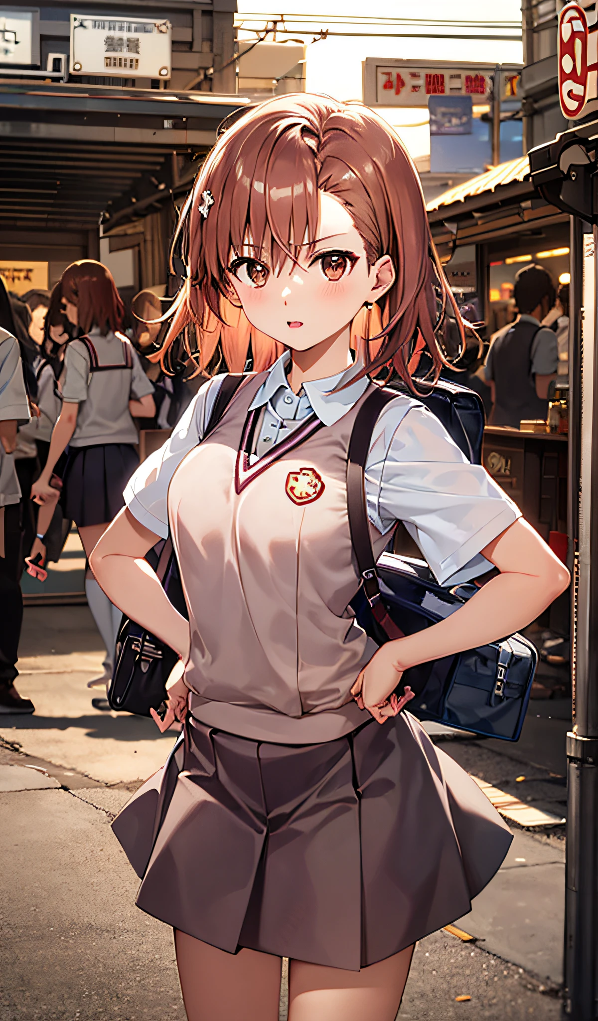 ​masterpiece, top-quality, Misaka Mikoto,1girl hairclip,tokiwadai school uniform