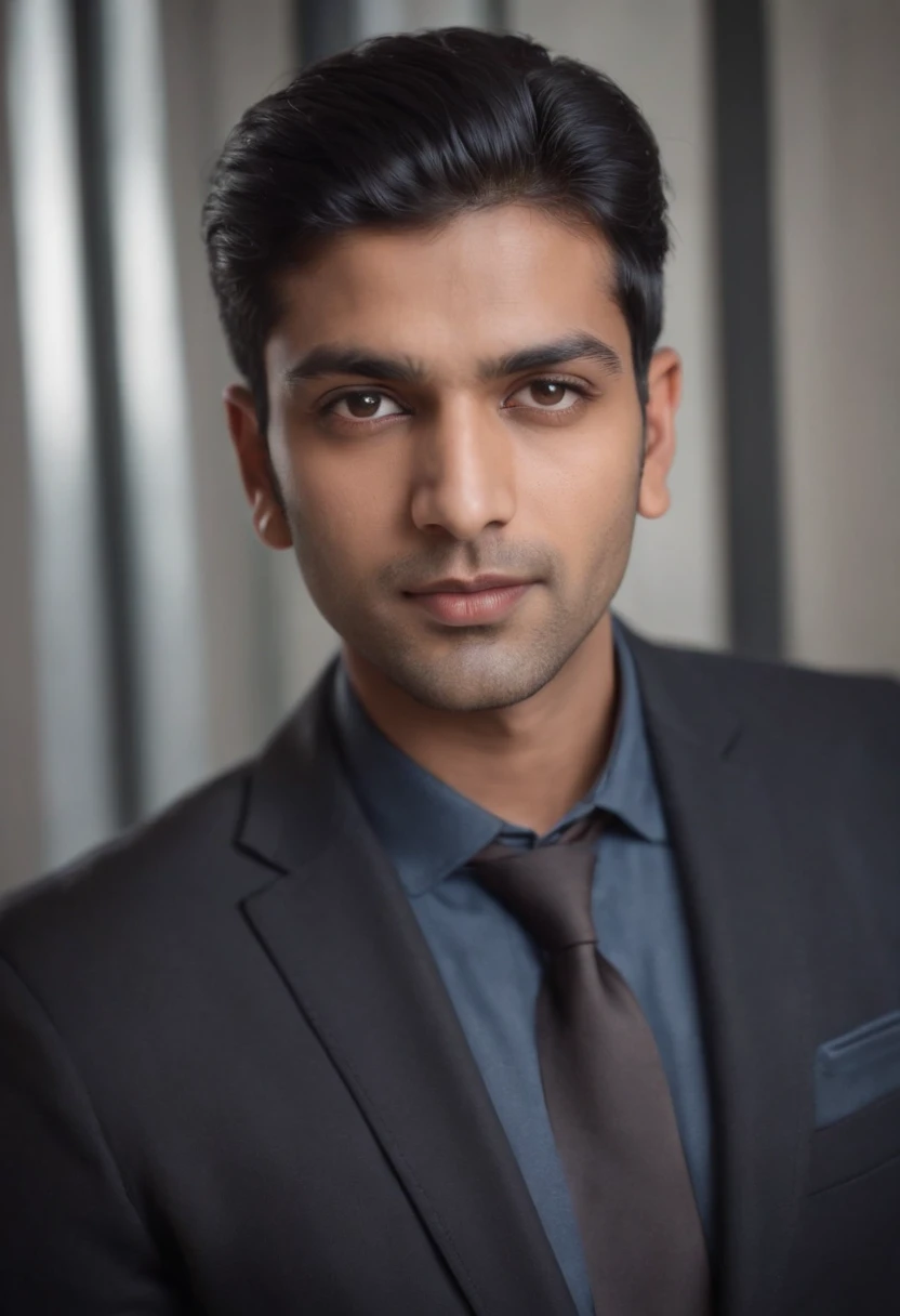 30 year old Indian man with black hair in a business suit, portrait, looking directly at the camera, headshot, shaved