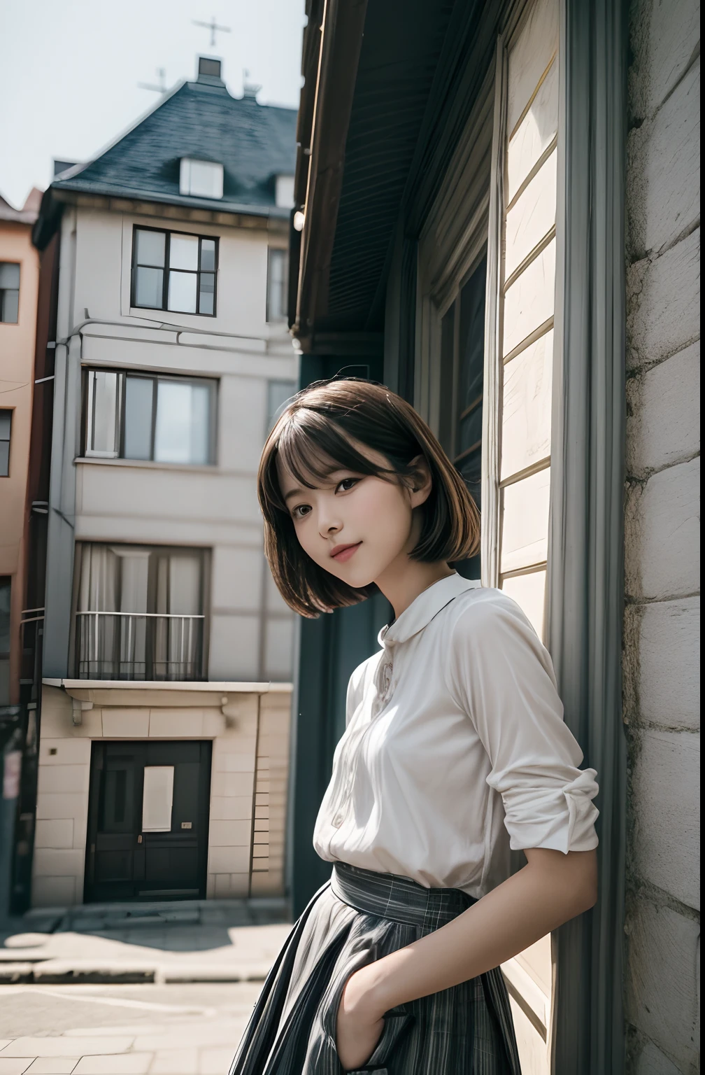 Photo d&#39;une fille dégageant l&#39;aura d&#39;une idole célèbre, Robe en jupe et peekaboo blanc craie mode automne. Son sourire éblouissant illumine la scène, Les couleurs primaires sont le gris pierre et le blanc craie. Elle se tient appuyée contre le mur avec en toile de fond des vacances festives. À l’image du smartphone、Son propre visage se reflète, Capturez des moments comme un selfie. Il semble avoir une agréable surprise lors d&#39;un chat vidéo. L&#39;image a、Il a une esthétique croisée, Film analogique à contraste élevé.