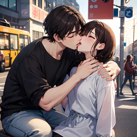 Teenage couple、A man is putting his hand on a woman's waist、During a kiss、femele（Brown hair semi-long）Closing your eyes、Men（black hair shorthair）Glossy look、Saliva spills、In the city during the day