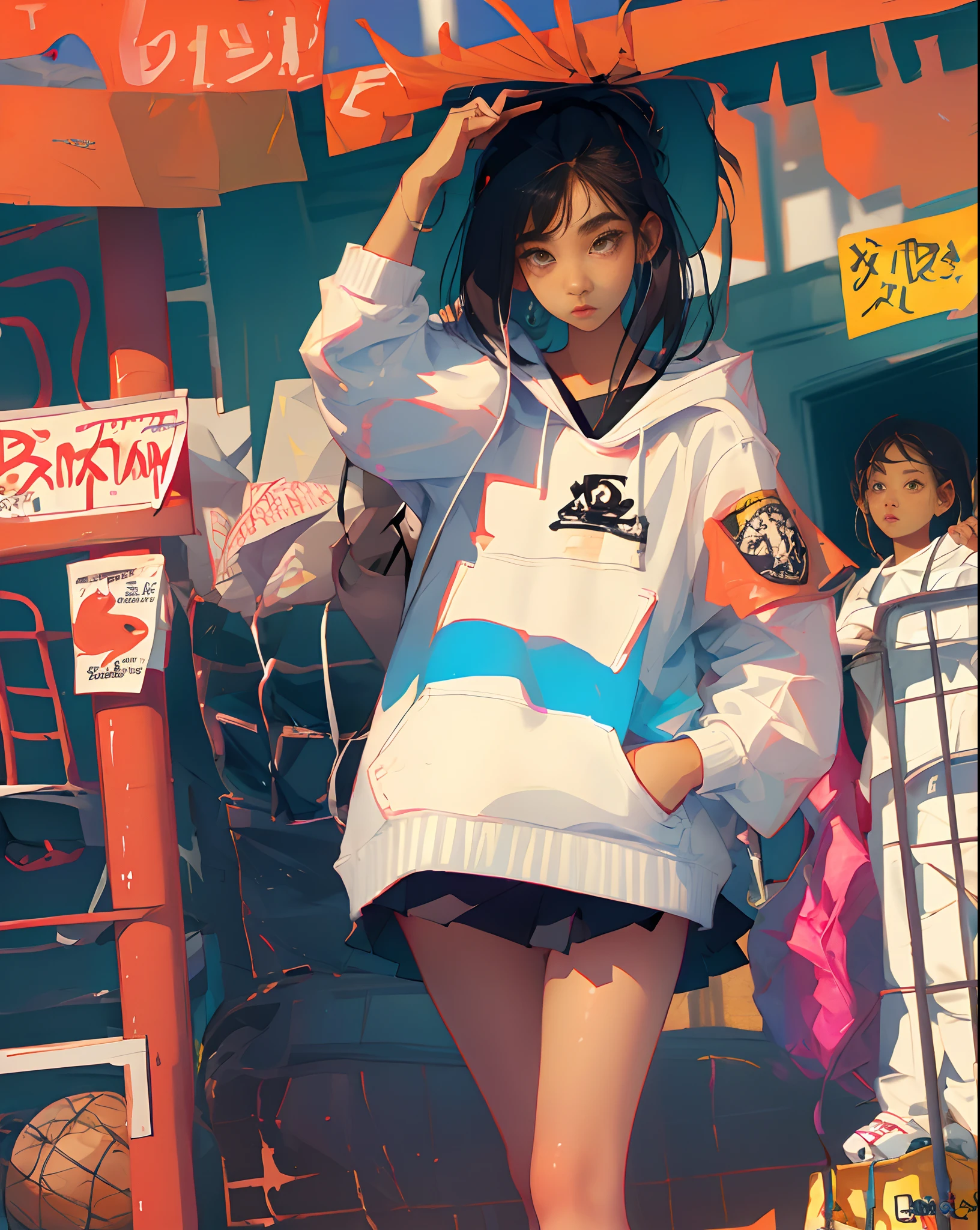 Anime girl in a white jacket and black shorts standing in front of a store  - SeaArt AI