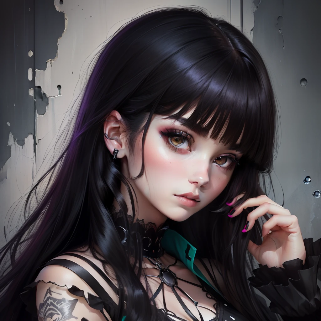 Gothic girl with long black hair and tattoos on her arm - SeaArt AI