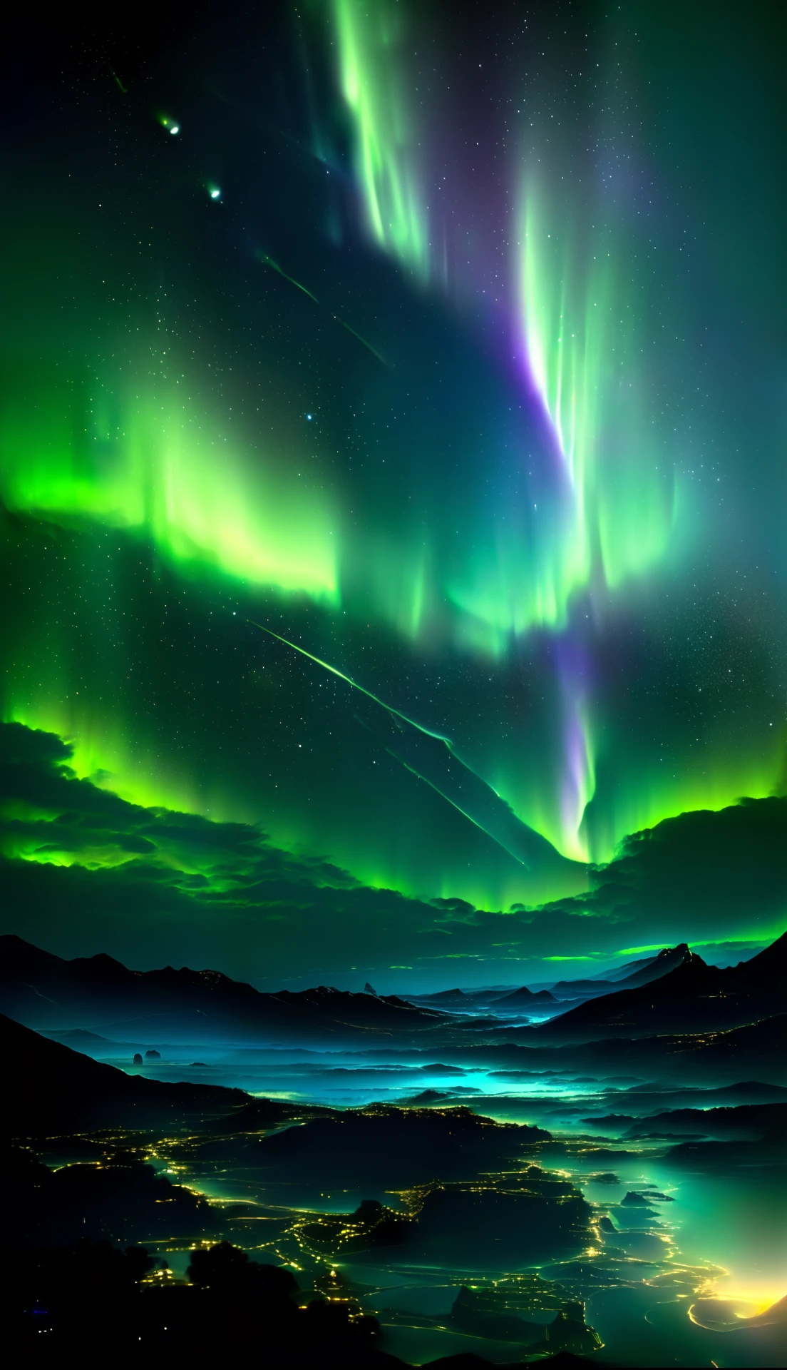 a green sky with stars and shooting comets in the sky, northern lights in space, amazing wallpaper, aurora in the sky, space sky, spaceships in the sky, night sky; 8k, space atmosphere, meteors falling, epic beautiful space scifi, stunning screensaver, spaceships in sky, epic stunning atmosphere, magnificent background, sci-fi fantasy wallpaper