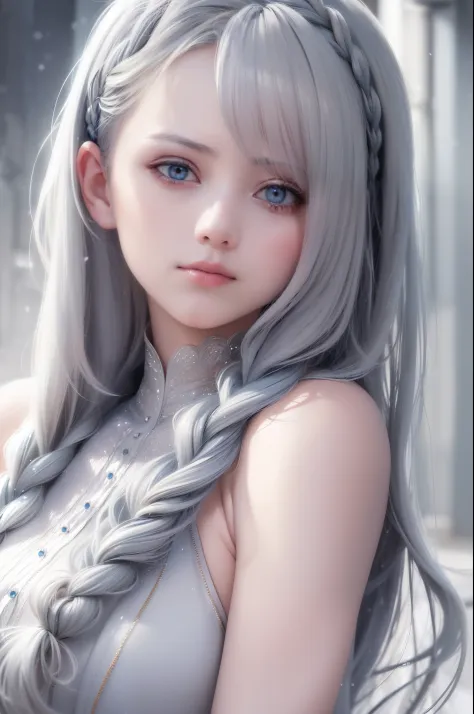 (high-resolution:1.2), (best quality, ultra-detailed, photorealistic:1.37), (portrait, traditional portrait), (gray hair, blue hair), (shimmering golden eyes), (flowing white attire), (gazing at the sky), (upper body or full body), (hair flowing like a wat...