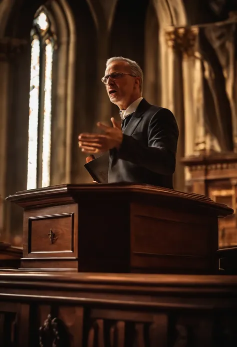 man in suit preaching aggressively from a pulpit and his shadow ...