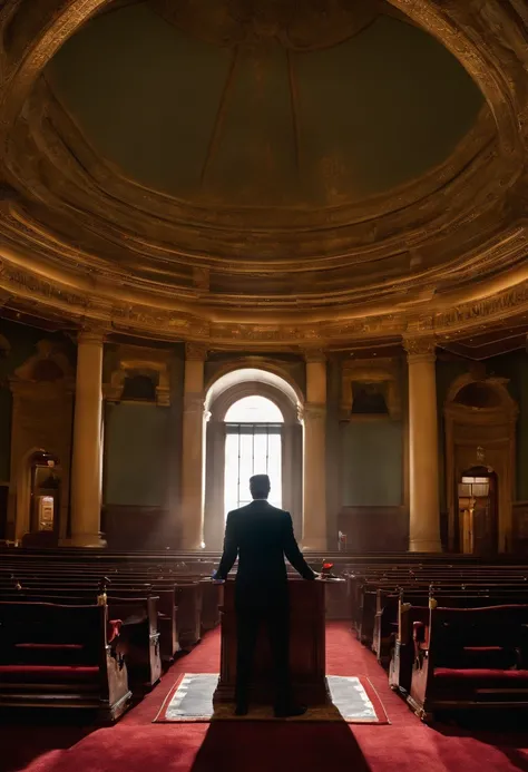 man in suit preaching aggressively from a pulpit and his shadow ...