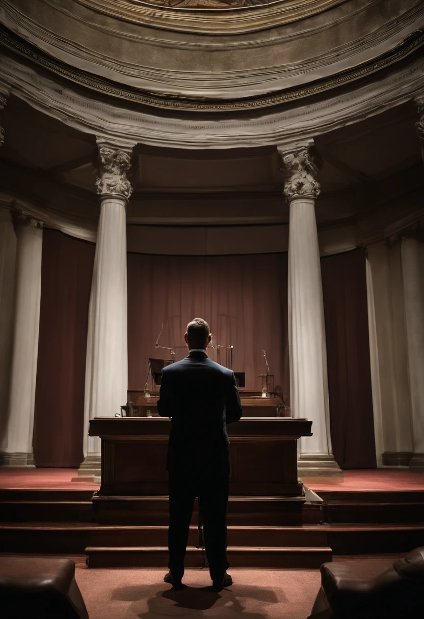 man in suit preaching aggressively from a pulpit and his shadow ...