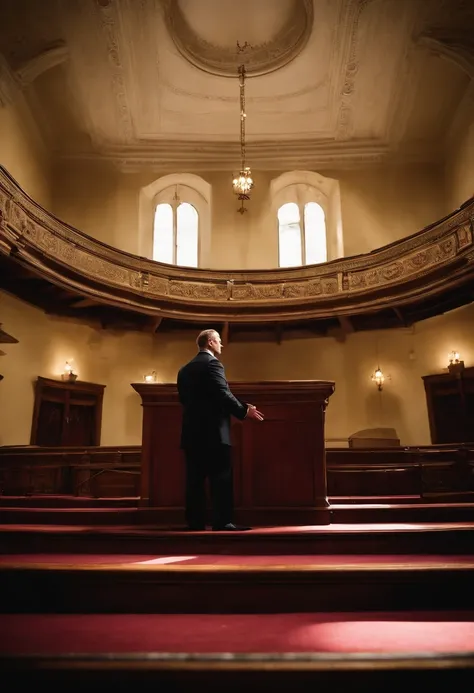 man in suit preaching aggressively from a pulpit and his shadow ...