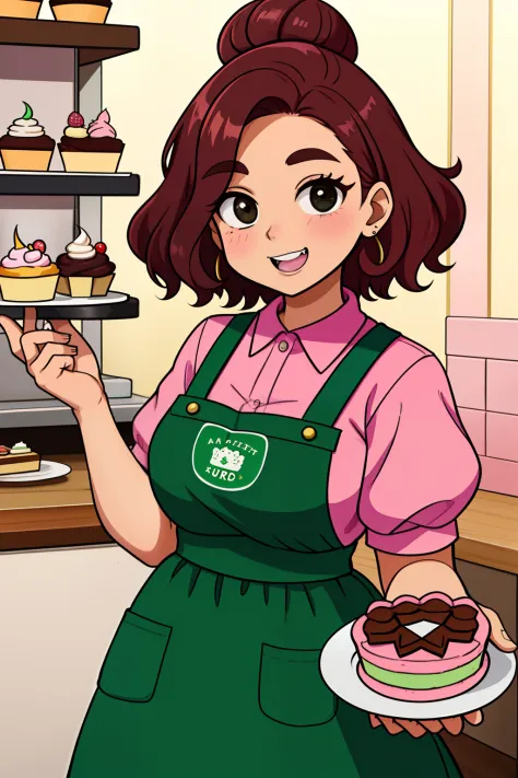 26-year-old woman with round face, brown curly hair, wears braces on her teeth, black eyes, pastry chef with apron Green band on...