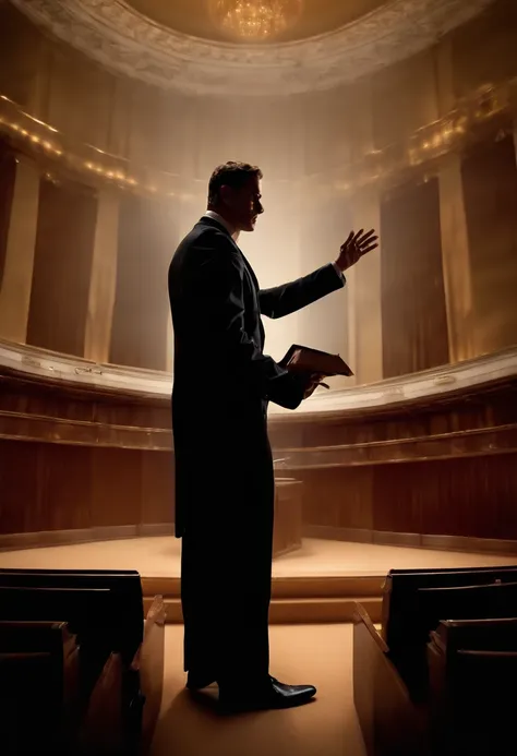 man in suit preaching aggressively from a pulpit and his shadow ...