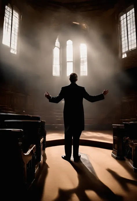 man in suit preaching aggressively from a pulpit and his shadow ...