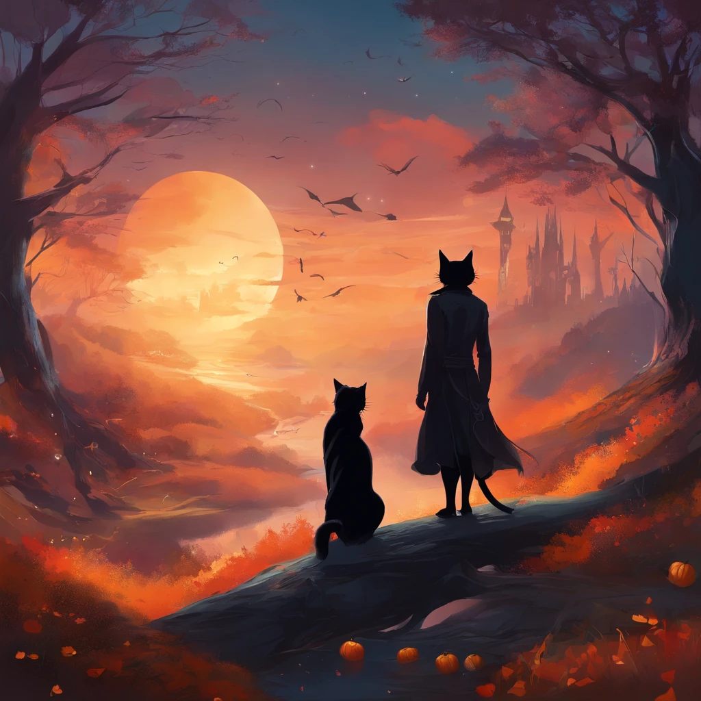 ((concept-art))、((Landscape only))、(No person)、Halloween Night、Fashionable、jolly、Casual details、Concept Design、black cat、There is a black cat、