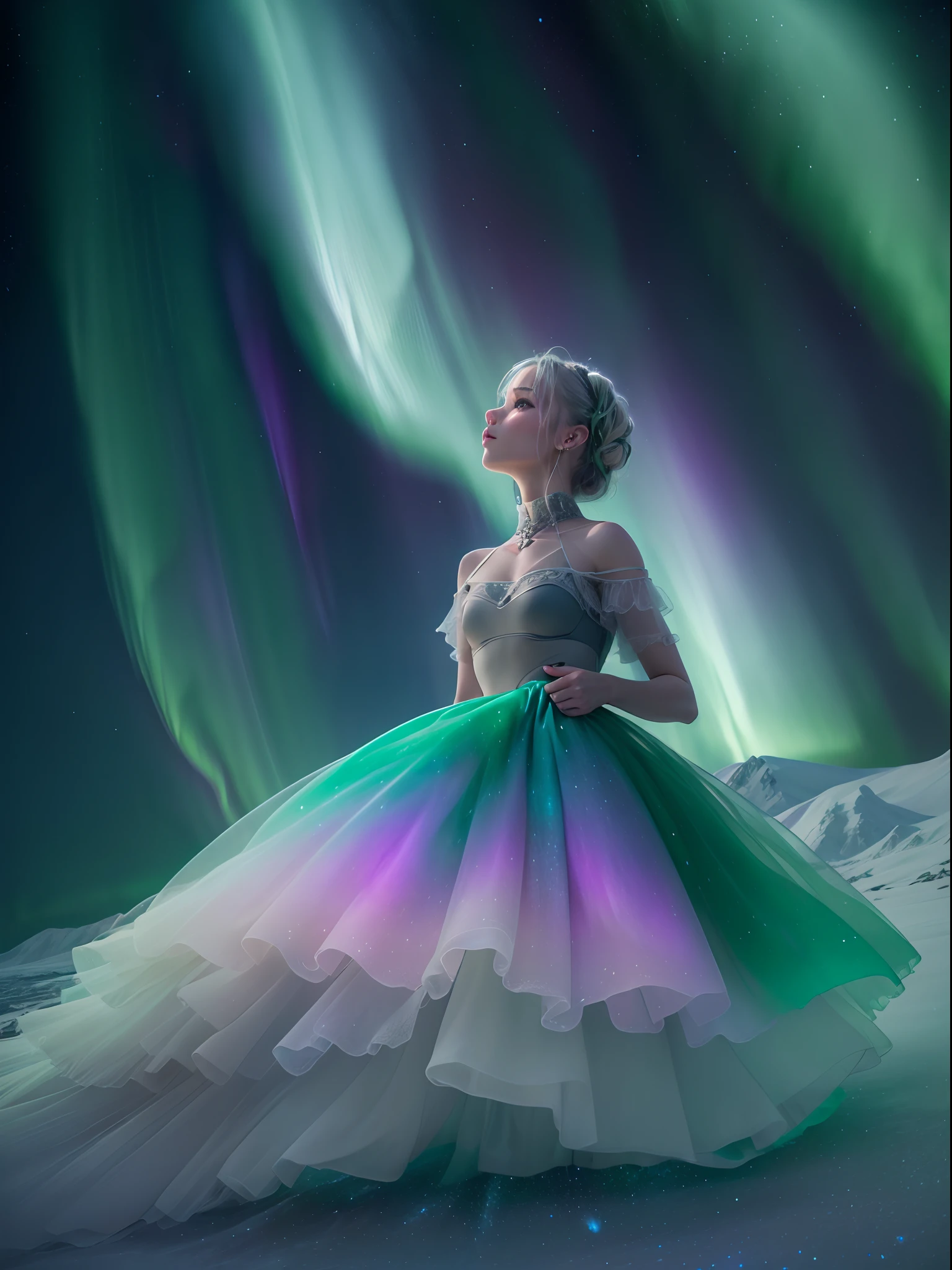 （Ballet girl spinning and dancing in the Northern Lights）, (Wear a white tutu:0.8)，（Whirling dance：0.5）， (There are multiple layers of tulle maxi skirt on top），（Girl back:0.5），（The Northern Lights merge on the girl's body），Smart，dream magical，
Green and purple Northern Lights meteor showers drill in the mountains, dramatic aurora borealis, northern lights background, Northern Lights on the background, aurora borealis, northern lights background, Magnificent background, with aurora borealis in the sky, The Northern Lights in space in surreal and dreamlike landscape style, Light black and emerald,  8K resolution,  minimalistbackground, From an upward point of view，ultraclear