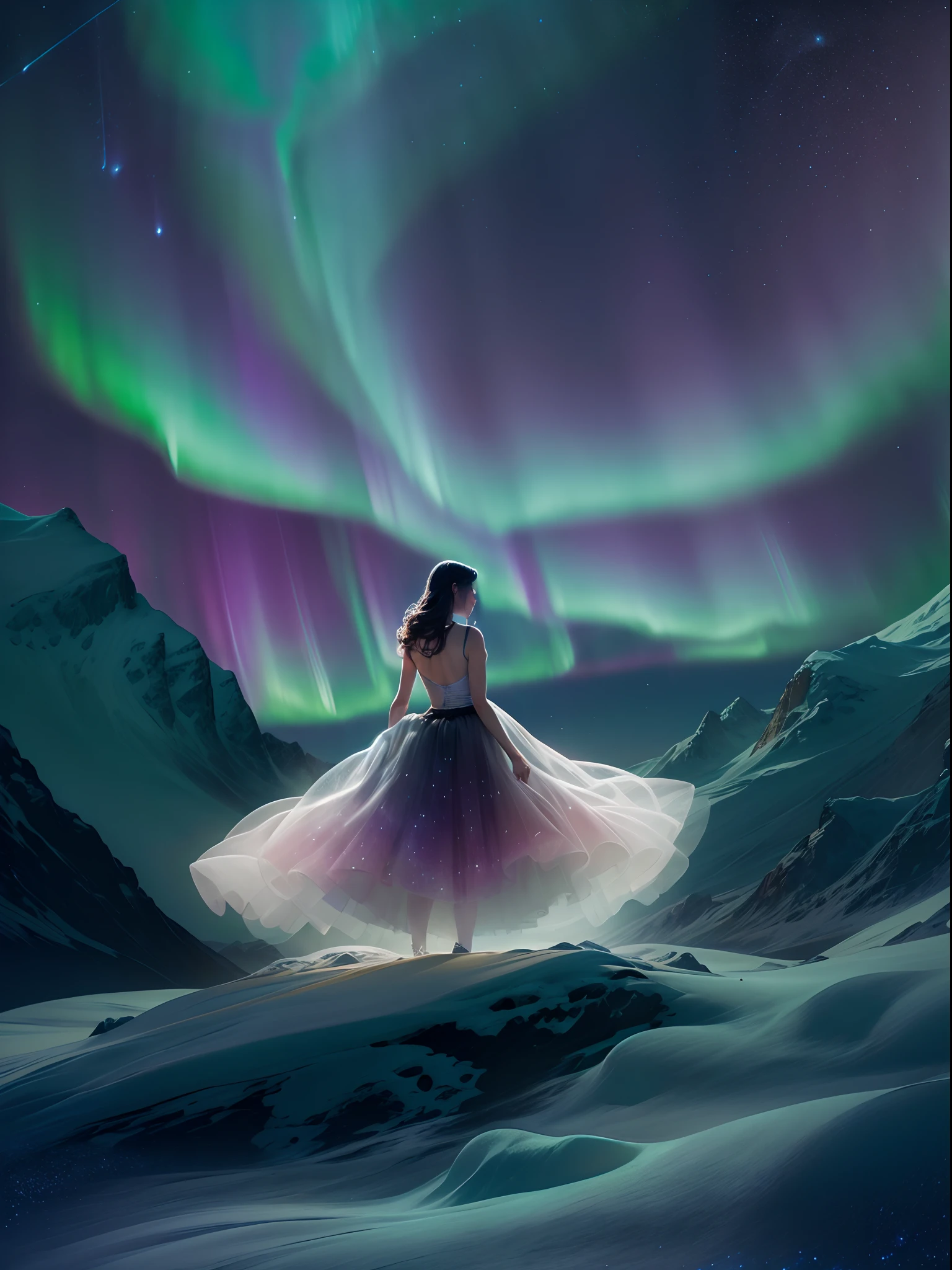 （Ballet girl spinning and dancing in the Northern Lights）, (Wear a white tutu:0.8)，（Whirling dance：0.5）， (There are multiple layers of tulle maxi skirt on top），（Girl back:0.5），（The Northern Lights merge on the girl's body），Smart，dream magical，
Green and purple Northern Lights meteor showers drill in the mountains, dramatic aurora borealis, northern lights background, Northern Lights on the background, aurora borealis, northern lights background, Magnificent background, with aurora borealis in the sky, The Northern Lights in space in surreal and dreamlike landscape style, Light black and emerald,  8K resolution,  minimalistbackground, From an upward point of view，ultraclear