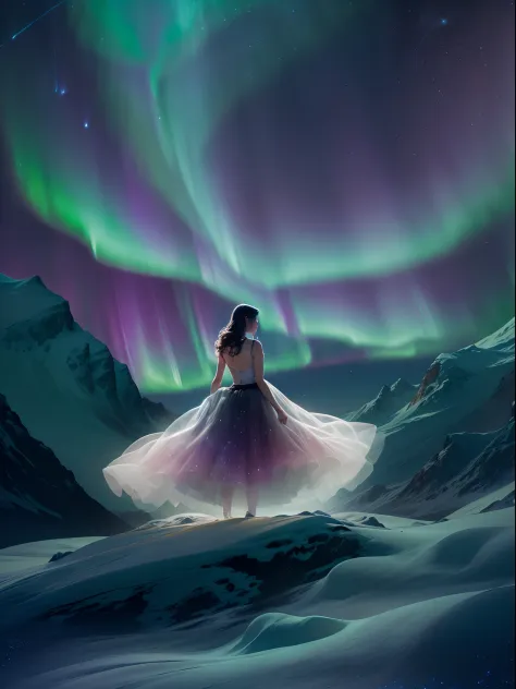 （Ballet girl spinning and dancing in the Northern Lights）, (Wear a white tutu:0.8)，（Whirling dance：0.5）， (There are multiple lay...