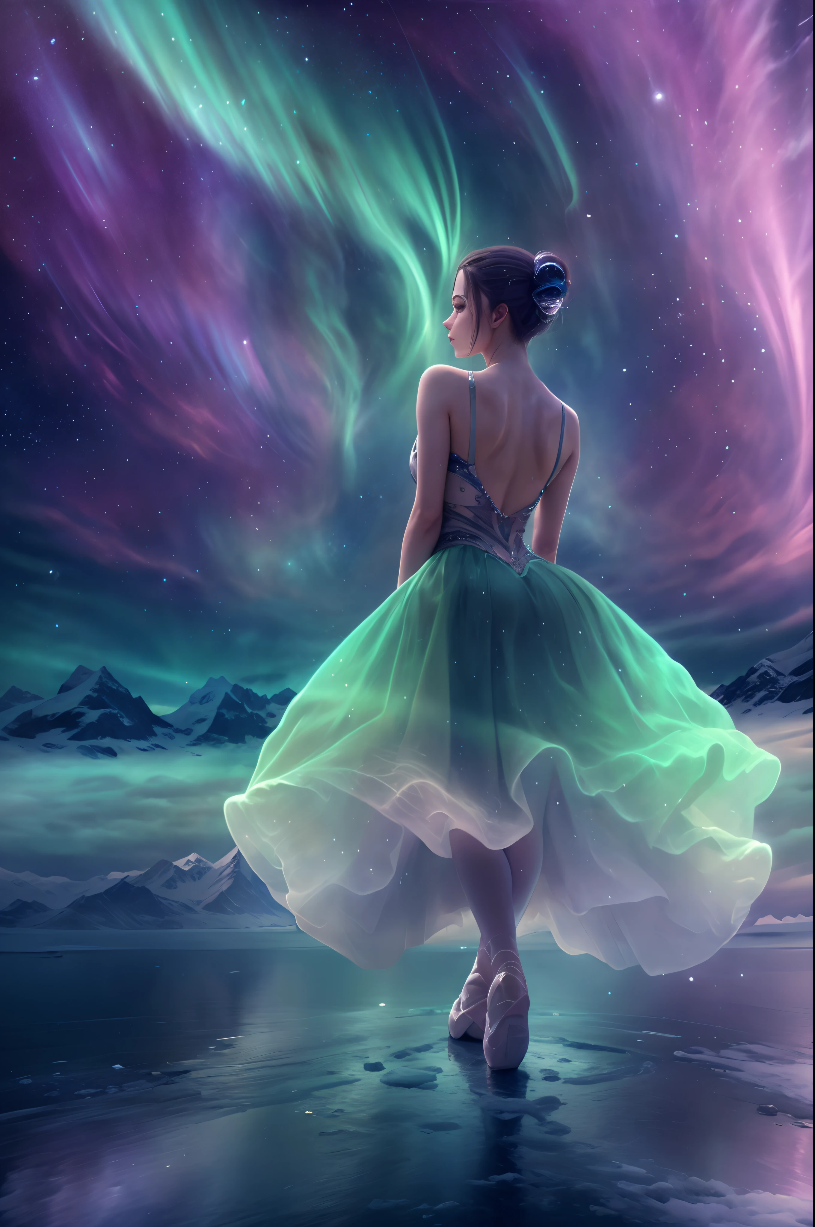 （La espalda de una actriz bailando ballet en una isla flotante de iceberg de la aurora boreal)，（espaldas bailando：0.8），（Top de plumas de ballet blanco），falda ahumada，
Lluvias de meteoritos verdes y violetas de la aurora boreal perforan las montañas, Icebergs imponentes，La tierra estaba cubierta de nieve.，Una isla flotando en el mar，Las auroras también iluminan el océano bajo el hielo，Anima todo el océano.，El silencio y el misterio del paisaje.:0.7, La belleza de los cuerpos celestes.:0.6, Fenomenos naturales:0.5, etéreo，Dramática aurora boreal,Lleno de remolinos y humo de colores dinámicos.，Vestido de bailarina con remolinos ahumados，Los vestidos fluidos de color púrpura ahumado y los movimientos rápidos son una fuente de inspiración, Elementos clave::transmitiendo una sensación de misterio, empapado，atmósfera colorida.Énfasis en la dinámica.，fondo minimalista, Contemplación monocromática desde una perspectiva ascendente，ultra transparente