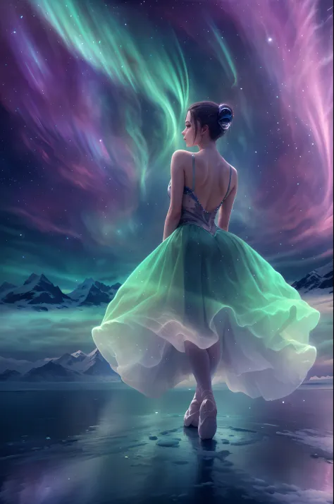 （the back of an actress dancing ballet on an iceberg floating island of the northern lights)，（dancing backs：0.8），（white ballet f...