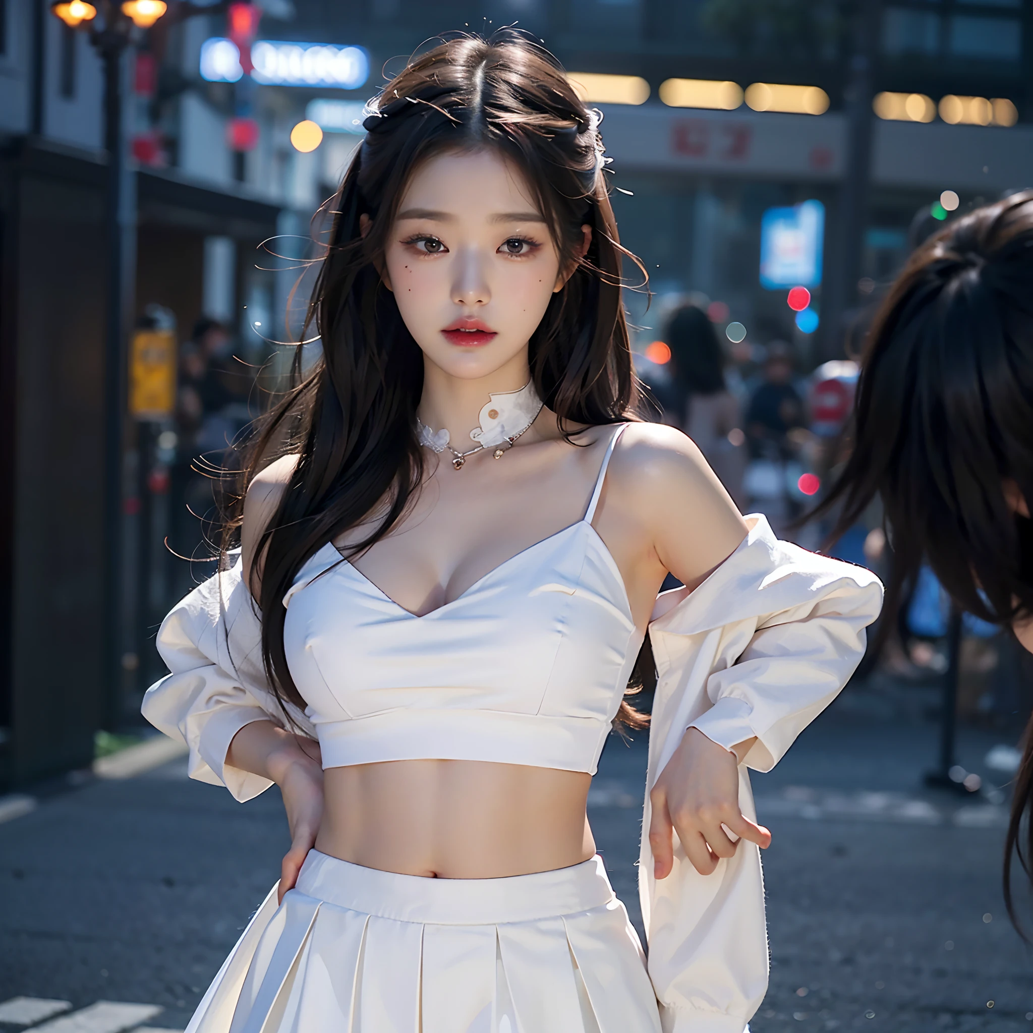 s whole body,  (realisitic:1.4),  8K UHD,  Top  Quality,  The ultra-Highres,  Unique Backgrounds,  clouds,  Dark and very dark.......,  Building lights are lighting up the night.......,  wind:1.3,  (Wearing a crop top and a short skirt),  (images:1.1),  kpop-idol,  (Beautiful girl in Korea),  (Mixed Korean),  (Pretty lips:1.1),  (eyeslashes:1.1),  (happiness:1.21),  (deeply:1.1), (Neat makeup),  (Clear facial skin: 1.2),  (Glowing skin),  (Big breasts),