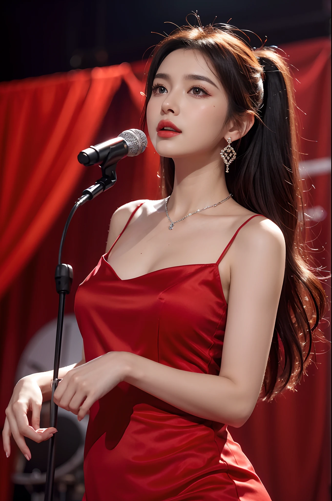 Wearing a red dress and a camisole shirt，cropped shoulders，Facing to the left，Long hair shawl，The neck is decorated with thin red lines， Singing with a microphone in his hand，The microphone is encrusted with tiny diamonds。 Goddess appearance。8k，Medium-sized chest，The stage background is a red cloth，With earrings，It is a round pendant made of small diamonds。